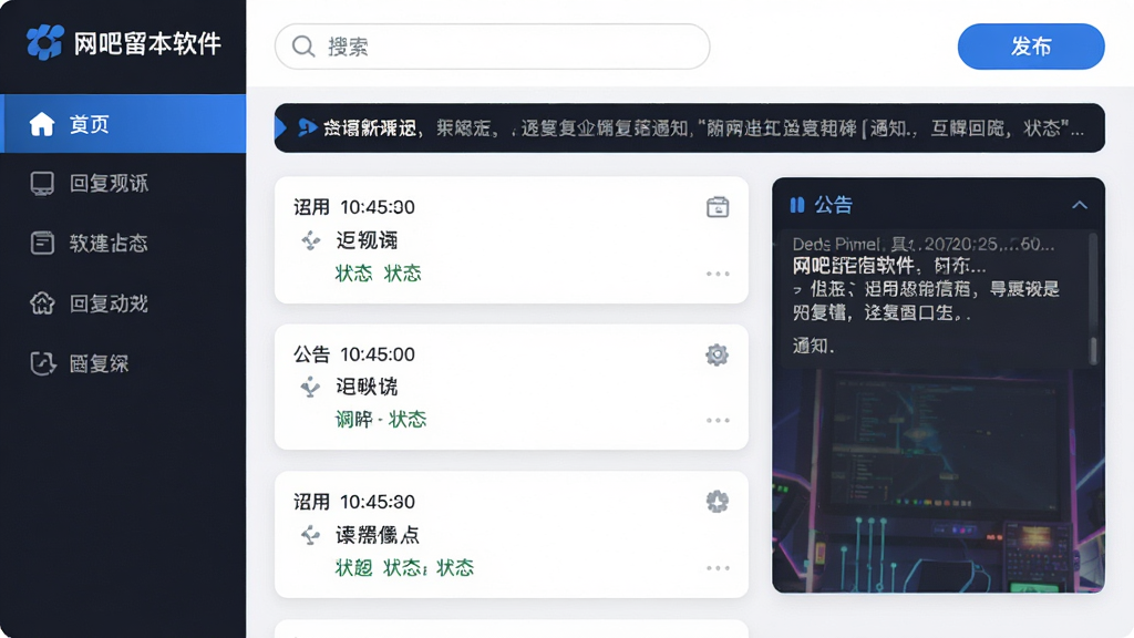 主体:网吧留言本软件界面截图,展示留言列表、公告栏和回复功能。布局:左侧为功能导航,右侧为留言内容展示区,顶部有搜索框和发布按钮。排版:清晰的信息层级,卡片式留言条目,字体规整。风格:现代简洁的UI设计,蓝白配色,符合网吧科技感。细节:留言条目标注时间、昵称和状态,公告栏滚动显示通知。画质:高分辨率,干净,无多余元素。