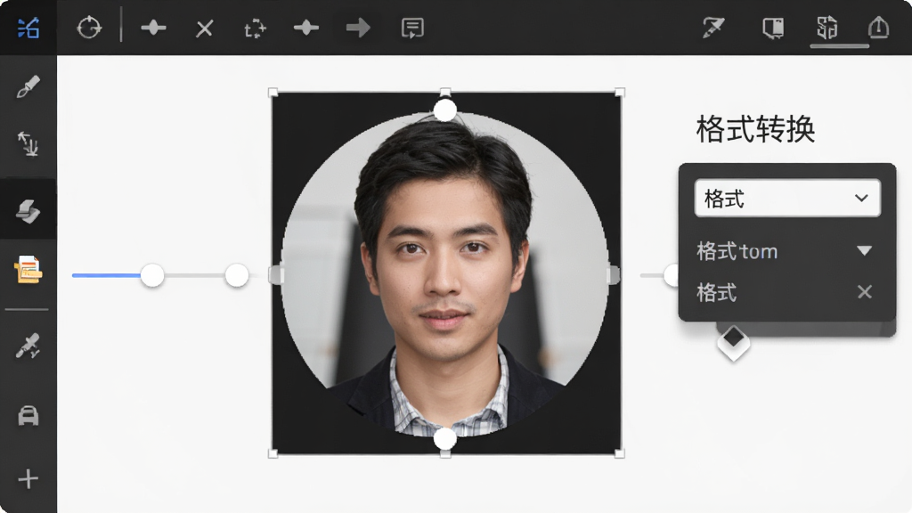主体为图像编辑界面,展示一张头像正在进行圆形裁剪,周围有尺寸调整滑块和格式选择下拉菜单。布局为居中操作区,风格为简约商务,细节上工具图标清晰,画质干净,无多余元素。图片中文字标注“格式转换”字样。