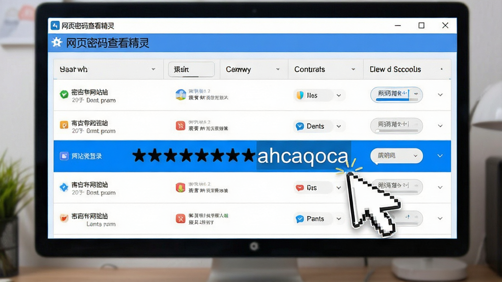 画面主体为网页密码查看精灵软件的功能演示场景,界面中显示一串星号密码被鼠标点击后变为明文可见,软件名称“网页密码查看精灵”出现在界面左上角,布局以表格形式呈现多个网站登录条目,风格清晰明亮,蓝色高亮突出当前选中行,画质干净,细节丰富。