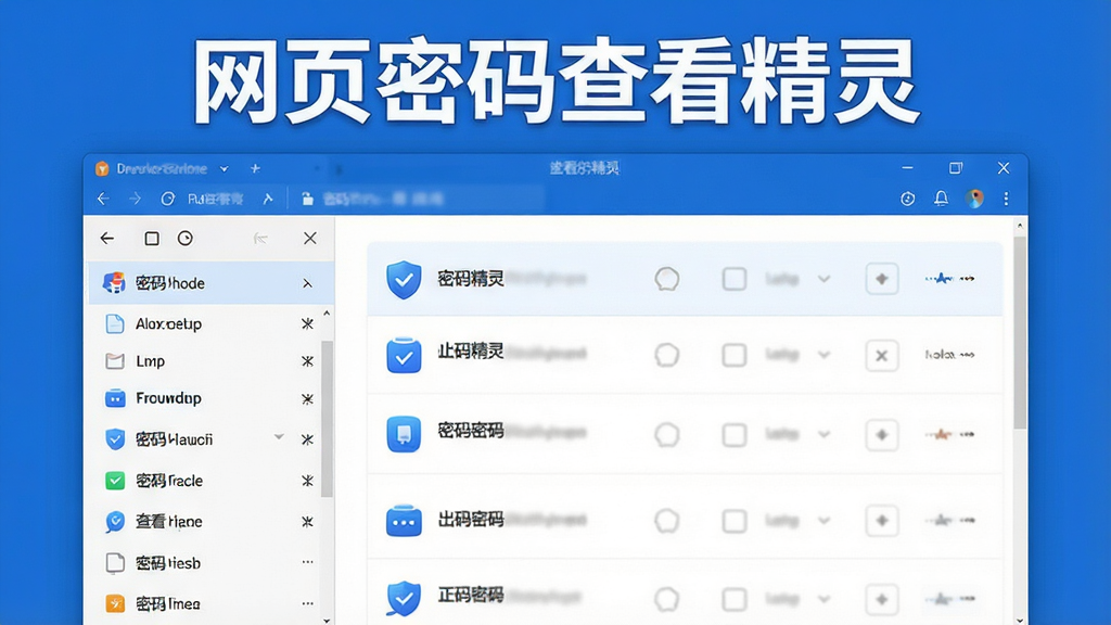 画面主体为网页密码查看精灵软件的界面预览图,布局清晰,左侧为浏览器列表,右侧为密码条目展示区域,顶部有醒目的“网页密码查看精灵”字样标题,整体风格简洁现代,以蓝白为主色调,图标精致,画质高清,干净无多余元素。