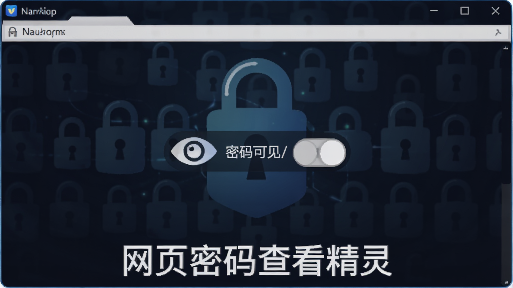 画面主体为网页密码查看精灵的隐私保护功能示意图,界面中有一个眼睛图标表示密码可见/隐藏切换,背景为锁形图案,整体风格为深色科技感,软件名称“网页密码查看精灵”以白色字体显示在界面底部,布局居中,画质高清,氛围安全可靠。
