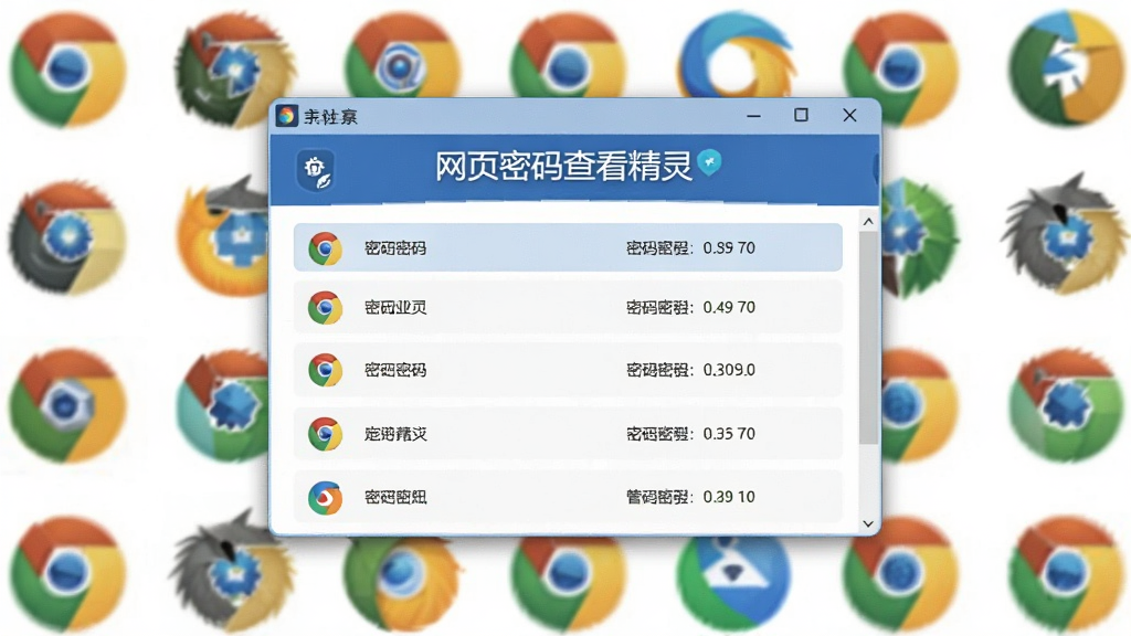画面主体为网页密码查看精灵的浏览器兼容性展示图,背景为多个浏览器图标环绕,中央显示软件主窗口,窗口中列出各种浏览器名称及对应密码数量,布局为网格状,风格采用扁平化设计,色彩明快,突出“网页密码查看精灵”的品牌标识,画质清晰,无杂乱元素。