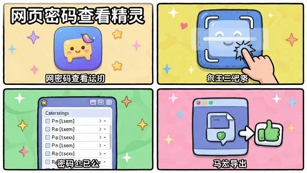 画面主体为网页密码查看精灵的使用教程步骤图,分为四格漫画形式,第一格显示软件图标,第二格点击扫描按钮,第三格显示密码列表,第四格点击导出,每格下方有简短文字说明,整体风格为卡通教学风,色彩活泼,软件名称“网页密码查看精灵”在首格显著位置,画质干净,布局清晰。