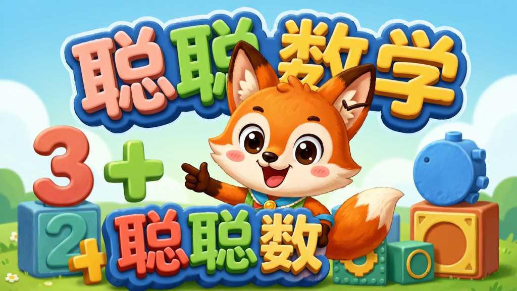 画面主体为“聪聪数学”卡通吉祥物一只聪明的小狐狸,站在数字积木和几何图形构成的童趣场景中,面带微笑,手指向一块写有“聪聪数学”的立体标题牌。布局采用居中构图,吉祥物位于视觉中心,四周分布彩色数字、加号、圆形和方形积木。排版风格活泼明快,字体圆润可爱,背景为淡蓝色渐变天空与绿色草地。整体风格为儿童卡通插画,色彩鲜艳饱满,细节丰富,画质高清干净,无多余元素。