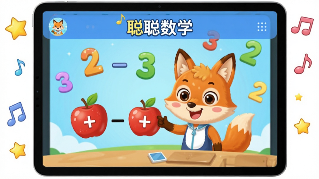 画面主体为平板电脑屏幕,屏幕上正在播放“聪聪数学”的动画教学课程,画面中卡通小狐狸用苹果演示加减法,背景是彩色数字漂浮。布局为屏幕居中特写,周围有星星和音符装饰。排版风格简约清晰,屏幕内容突出,整体为现代教育软件界面风格,色彩明亮活泼,细节精致,画质干净无多余元素。