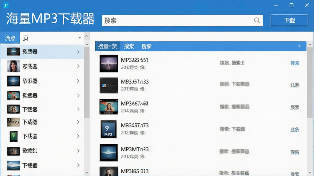 一张展示海量MP3下载器主界面的截图,界面设计简洁清爽,左侧为歌曲分类列表,右侧为搜索结果展示区,顶部为搜索框和下载按钮,整体风格现代,色彩以蓝色和白色为主,画质清晰,干净无多余元素,突出“海量MP3下载器”软件名称。