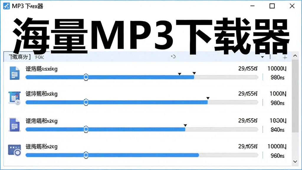 展示海量MP3下载器批量下载功能的界面截图,主体为下载任务列表,多个文件正在同时下载,显示进度条和速度,界面清晰,风格简洁,蓝白配色,画质干净,突出“海量MP3下载器”软件名称。
