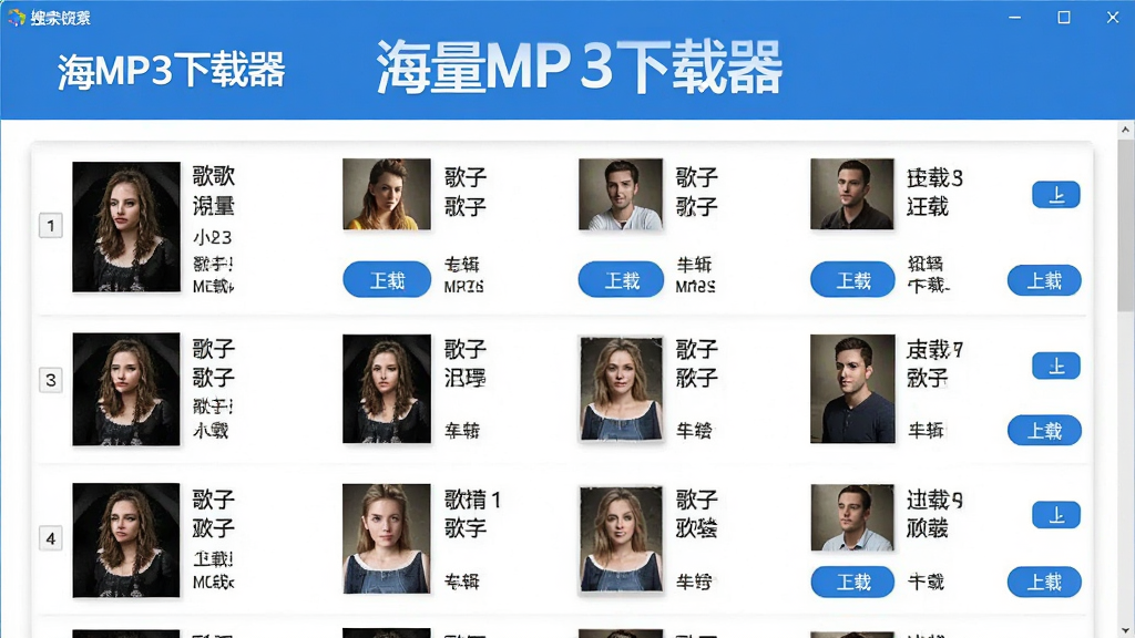 展示海量MP3下载器软件界面的高清截图,主体为搜索结果页面,显示多首歌曲列表,每首歌曲包含歌名、歌手、专辑和下载按钮,布局整齐,风格简约现代,以蓝白为主色调,画质清晰,突出“海量MP3下载器”品牌。