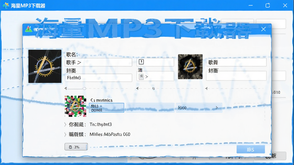 展示海量MP3下载器标签编辑功能的界面截图,主体为歌曲详情编辑窗口,显示歌名、歌手、专辑、封面等字段,用户正在修改信息,界面清晰,风格简洁,蓝白配色,画质干净,突出“海量MP3下载器”软件名称。