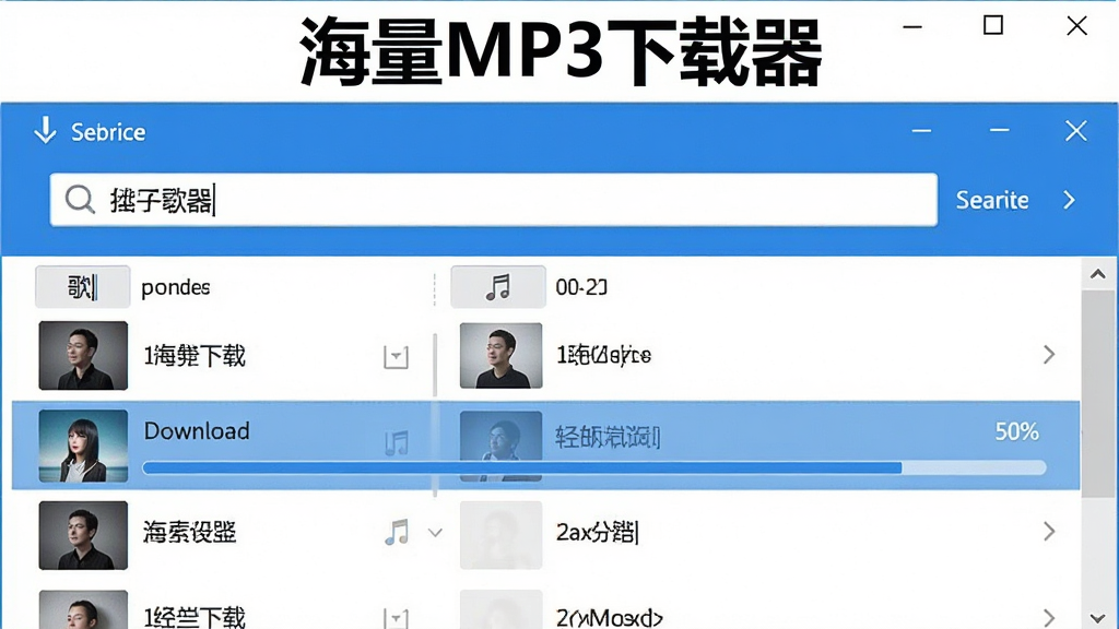 展示用户正在使用海量MP3下载器下载歌曲的界面,主体为软件主界面,搜索框中显示歌名,下方列表显示多首歌曲,其中一首正在下载,进度条显示50%,界面清晰,风格简约,蓝白配色,画质干净,突出“海量MP3下载器”软件名称。