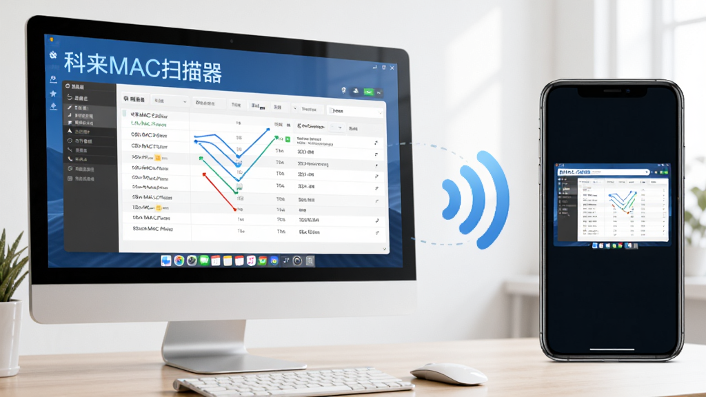 主体:科来MAC扫描器在电脑上运行的截图,旁边摆放着手机,表示移动端可远程控制。布局:电脑屏幕在左侧,手机在右侧,两者通过无线信号连接。排版:对比鲜明,突出跨设备协作。风格:写实风格,光线明亮。细节:屏幕中显示扫描结果,手机显示远程桌面界面。画质:高清,干净,无多余元素。文字:“科来MAC扫描器”