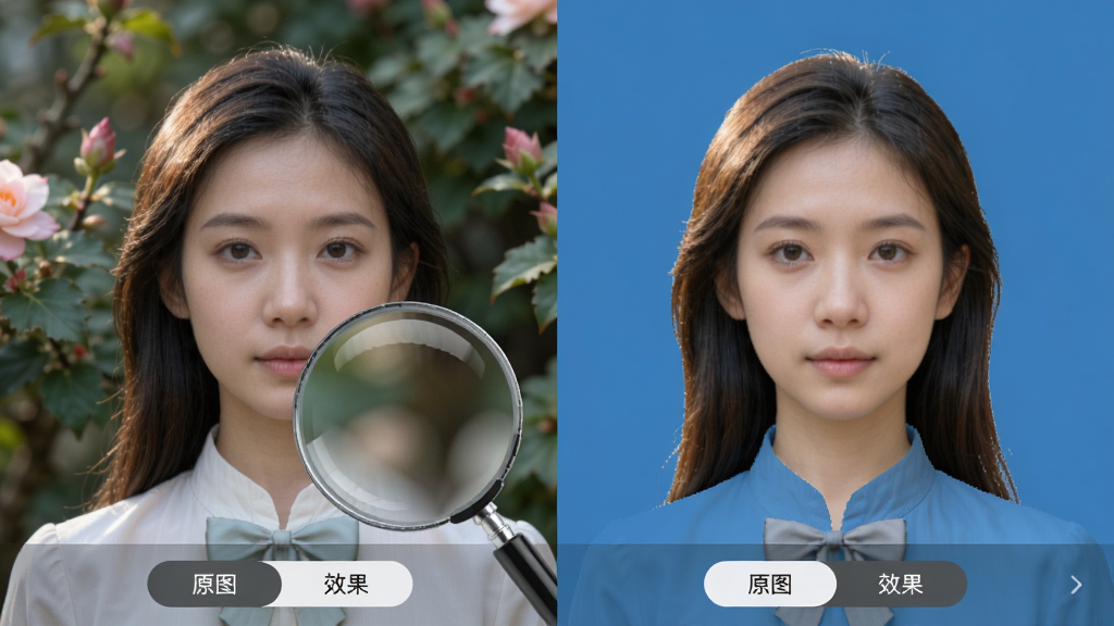 展示移花接木智能抠图过程对比图,左侧为原始照片,右侧为抠出主体并替换为纯色背景的预览,界面下方有“原图”与“效果”切换按钮,主体人物发丝边缘清晰,布局为左右分屏,排版简洁,风格写实,细节体现放大镜查看边缘效果,画质细腻干净