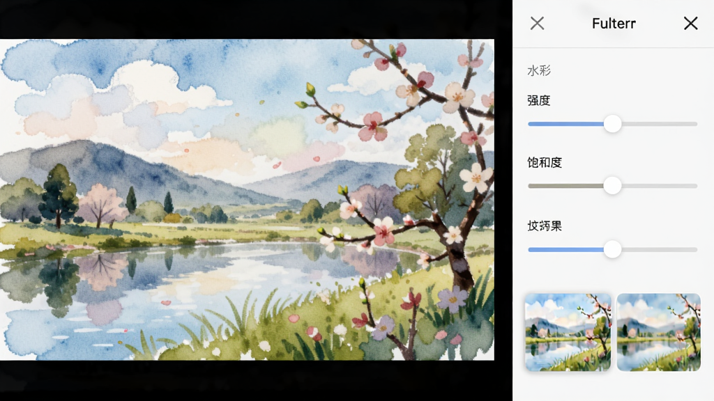 展示移花接木特效滤镜应用效果,一张普通风景照在应用“水彩”滤镜后呈现手绘质感,界面右侧有滤镜参数调节面板,包含强度、饱和度、纹理滑块,布局为主视图加右侧控制栏,排版简洁,风格柔和,细节处展示滤镜前后对比缩略图,画质高清干净