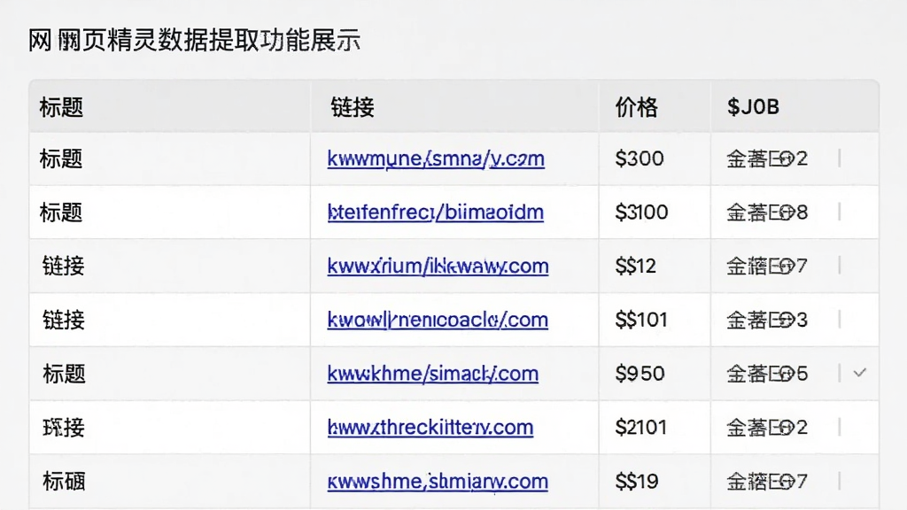 网页精灵数据提取功能展示,表格形式呈现抓取的数据列表,包含“标题”“链接”“价格”等列,背景为浅灰色,数据行清晰,界面简洁,画质干净,无多余元素。