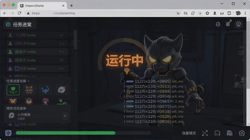 网页精灵运行任务时的界面截图,底部显示任务进度条与日志信息,整体深色主题,高亮显示“运行中”状态,画质干净,无多余元素。