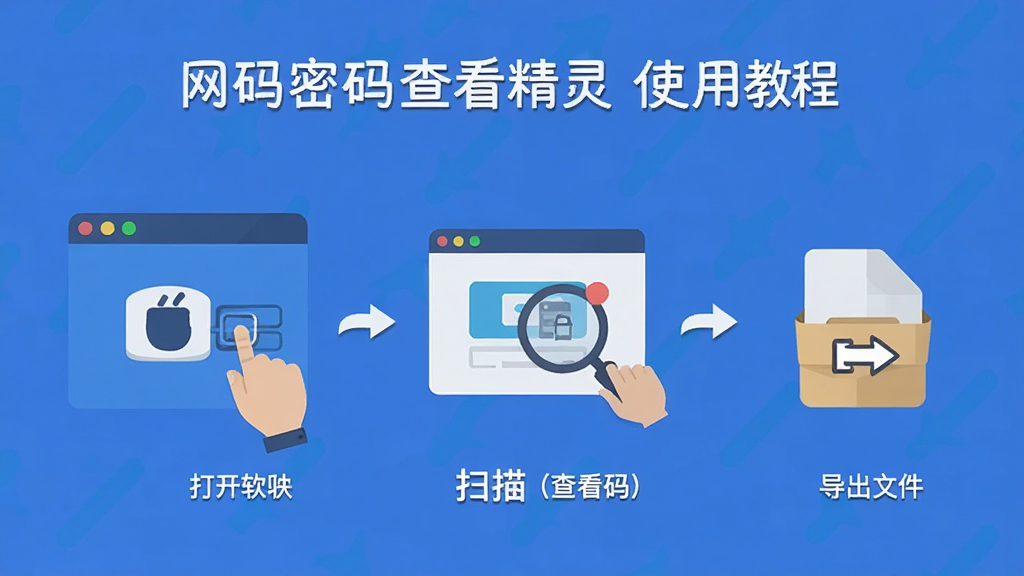 网页密码查看精灵使用教程图示,展示软件操作步骤,包括打开软件、扫描、查看密码、导出文件,扁平化设计风格,图文并茂,干净背景,高清画质