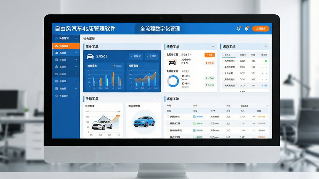 ��������Ϊһ���ִ�������4S����������Ĳ������棬��ʾ�ڿ���������ʾ���ϣ�����������ۿ��塢ά�޹���������б���ģ�飬����������������Ϊ��ƽ����ƣ���ɫ��Ϊ�Ƽ������ɫ�����Գ�ɫ������ť��ϸ����ͻ������ͼ���복��ͼ�꣬���ʸɾ����޶���Ԫ�أ����ֱ�ע�����ɷ�����4s������������롰ȫ�������ֻ�������������