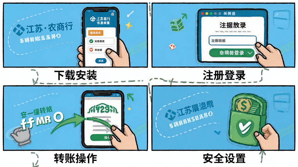主体为“江苏农商行”使用教程示意图,画面分四格:第一格下载安装,第二格注册登录,第三格转账操作,第四格安全设置。布局为四宫格漫画风格,配色清晰明快,背景白色。细节上每格下方有简洁文字标注,画质干净,无多余元素。