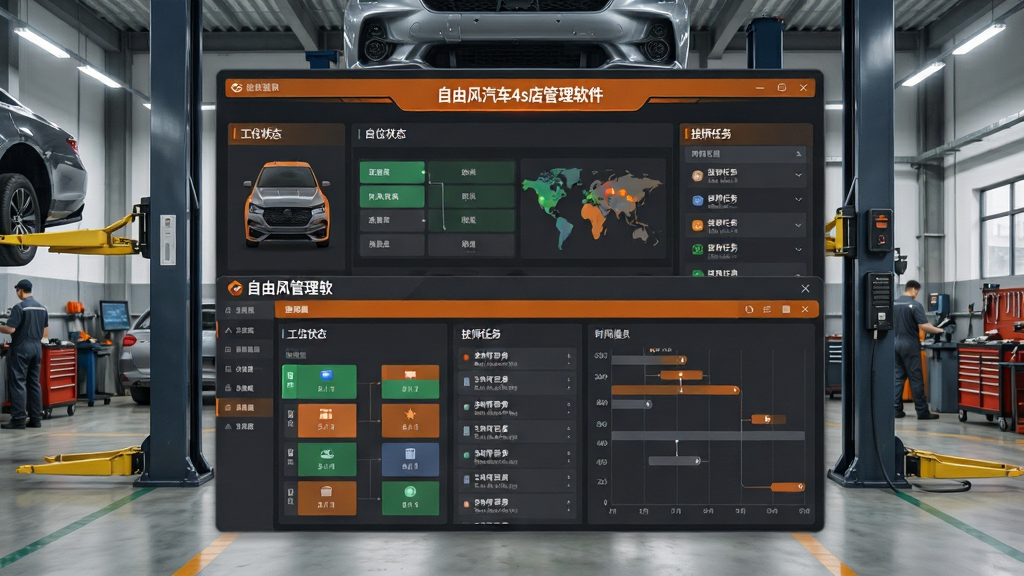 ��������Ϊ����ά�޳������ܵ��ȿ��壬����Ϊæµ��4S��ά�޳��䣬ǰ��������ʾ���ɷ���������Ĳ�����壬������λ״̬ͼ����ʦ�����б���ʱ���ᡣ����Ϊ���½ṹ�����Ϊдʵ��Ƽ��н�ϣ���ɫ��Ϊ������ɫ��ϸ��ͻ��������������ά�޹��ߣ����ʸɾ����޶���Ԫ�أ�����ϱ�ע�����ɷ�����4s�����������������