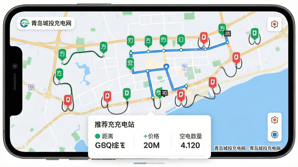 主体:手机地图界面,显示“青岛城投充电网”的充电桩分布,绿色图标为空闲,红色为占用。布局:地图全屏展示,底部弹出推荐充电站卡片。排版:卡片清晰显示距离、价格、功率和空闲数量。风格:扁平化地图风格,信息层级分明。细节:地图上标注“青岛城投充电网”字样,路线规划线条清晰。画质:高分辨率,色彩鲜明,无多余元素。