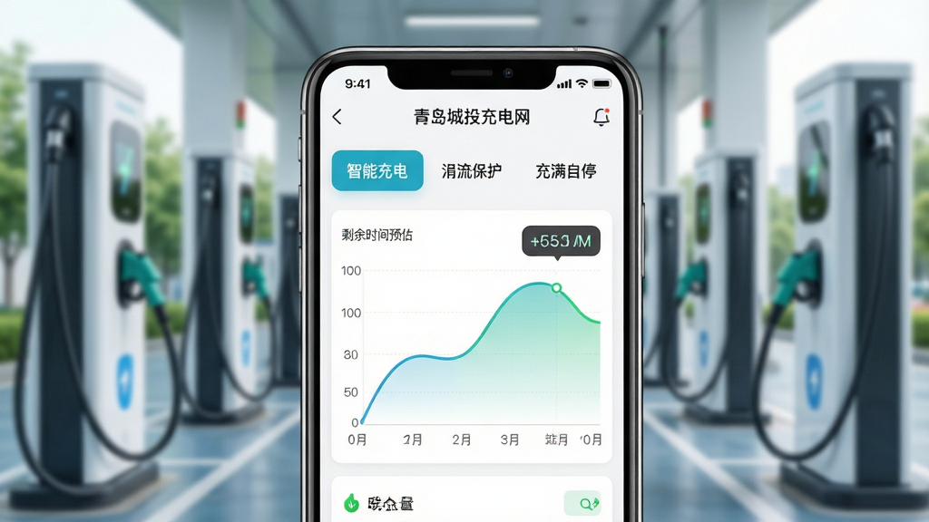主体:智能手机屏幕特写,显示“青岛城投充电网”APP的充电管理界面,包含充电曲线图。布局:手机居中,背景为模糊的充电站场景。排版:界面清晰展示“智能充电”、“涓流保护”、“充满自停”等选项。风格:UI设计风格,简洁现代。细节:充电曲线平滑,剩余时间预估准确,电量百分比动态更新。画质:高清,明亮,无多余元素。
