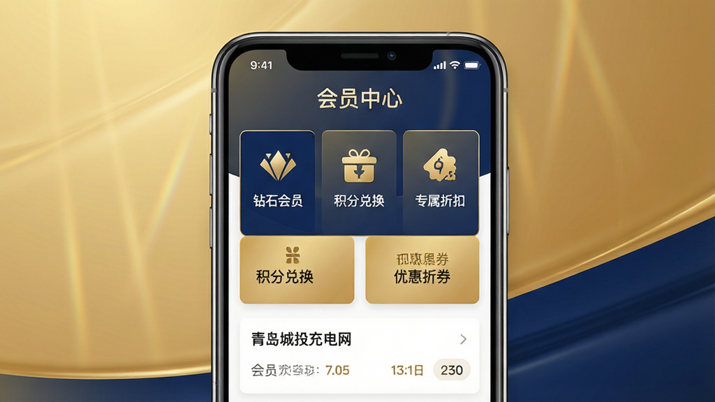 主体:手机屏幕展示“青岛城投充电网”会员中心页面,包含会员等级、积分、优惠券。布局:手机居中,背景为金色渐变。排版:页面顶部显示“会员中心”,下方是各项特权图标。风格:商务简约风格,金色与深蓝配色。细节:显示“钻石会员”、“积分兑换”、“专属折扣”等字样。画质:高清,质感,无多余元素。