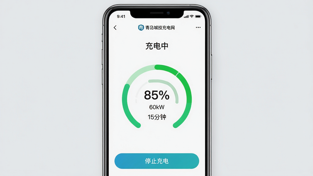 主体:手机截图展示“青岛城投充电网”APP的充电状态页面,显示电量百分比和充电时长。布局:手机居中,背景为浅灰色。排版:页面顶部显示“充电中”,中间为环形电量图,底部有“停止充电”按钮。风格:UI设计,清晰直观。细节:环形图显示“85%”,充电功率显示“60kW”,预估剩余时间“15分钟”。画质:高清,干净,无多余元素。