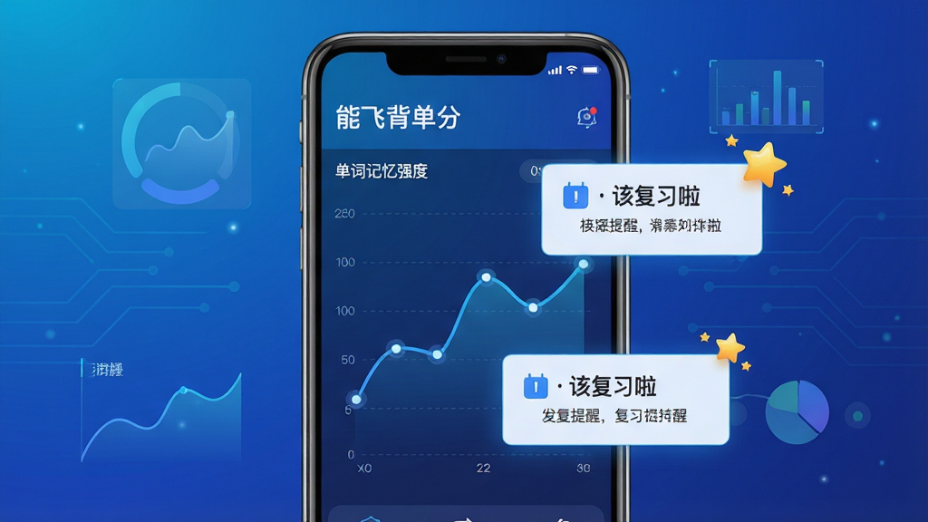 主体:能飞背单词APP的记忆曲线分析界面,屏幕显示单词记忆强度折线图和复习提醒通知。布局:手机竖屏居中,背景为渐变色科技感背景,图形元素点缀。排版:图表清晰,数据可视化,提醒卡片弹出。风格:科技智能风,蓝色调为主。细节:折线图上有多个数据点,提醒卡片显示“该复习啦”,周围有星星图标。画质:高分辨率,干净,无多余元素。