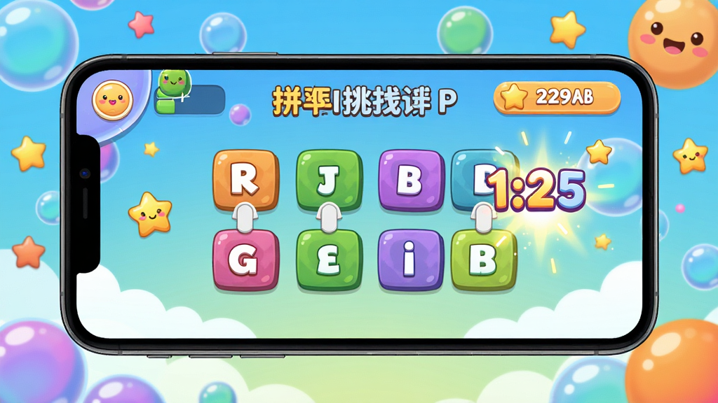 主体:能飞背单词APP的趣味互动学习界面,屏幕显示单词拼写挑战游戏和得分动画。布局:手机横屏居中,背景为彩色泡泡和星星装饰,活泼可爱。排版:游戏界面生动,字母方块可拖拽,得分飘字。风格:卡通游戏风格,色彩鲜艳。细节:字母方块颜色各异,得分数字带光效,背景有笑脸符号。画质:清晰明亮,干净,无多余元素。