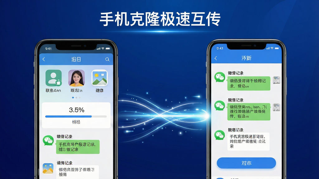 主体:手机克隆极速互传APP界面截图展示,两部手机之间数据高速传输动画效果。布局:左侧为旧手机界面,右侧为新手机界面,中间用发光的线条连接,象征数据传输。排版:界面简洁,功能按钮突出,上方显示“手机克隆极速互传”品牌名称。风格:现代科技感,蓝色主色调,背景为深蓝色渐变,搭配白色光效,干净明亮。细节:手机屏幕上显示联系人、照片、微信聊天记录等图标,传输进度条清晰可见。画质:高清渲染,细腻流畅,无多余元素