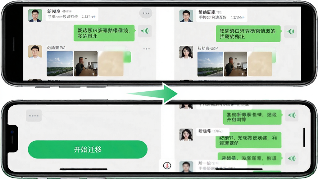 主体:手机克隆极速互传APP的微信聊天记录迁移界面,两部手机屏幕显示同样的微信对话列表。布局:上方为旧手机截图,下方为新手机截图,中间用箭头连接,强调数据同步。排版:对话气泡清晰,头像可见,底部有“开始迁移”按钮。风格:写实风格,微信绿色元素点缀,背景为白色,简洁明了。细节:聊天记录包括文字、图片缩略图、语音条图标。画质:高清水准,细节丰富,无多余元素