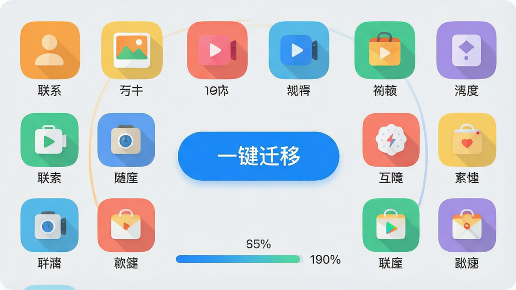 主体:手机克隆极速互传APP的数据迁移界面,展示各类数据图标(联系人、照片、视频等)整齐排列。布局:屏幕中央为“一键迁移”大按钮,周围环绕数据图标,底部为传输进度条。排版:图标采用圆角矩形排列,颜色鲜艳,按钮醒目。风格:扁平化设计,柔和色彩,背景为浅灰色,突出内容。细节:每个图标下标注数据类型名称,进度条显示百分比数字。画质:清晰锐利,界面干净整洁,无多余元素