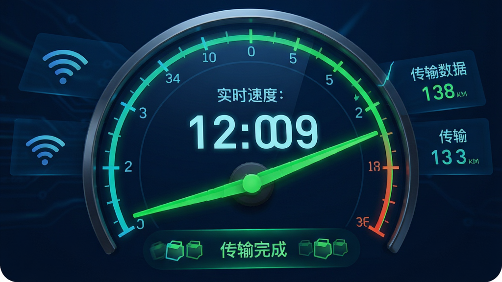 主体:手机克隆极速互传APP的传输速度展示界面,以动态速度仪表盘为核心。布局:仪表盘中央显示实时速度数值,周围有Wi-Fi信号图标和已传输数据量统计。排版:数值大而醒目,背景为深色科技蓝,速度指针为亮绿色。风格:科技感强,模拟真实仪表盘,光影效果逼真。细节:仪表盘下方有“传输完成”状态提示,数据包图标一闪而过。画质:高清渲染,视觉冲击力强,无多余元素