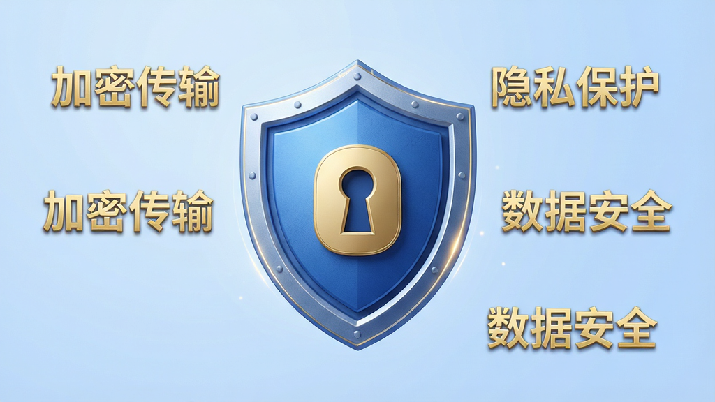 主体:手机克隆极速互传APP的安全加密界面,以盾牌图标为中心。布局:盾牌位于画面中央,周围环绕“加密传输”“隐私保护”“数据安全”等字样。排版:盾牌图标立体感强,背景为淡蓝色渐变,文字用金色标注。风格:稳重安全风格,蓝色与金色搭配,传递信赖感。细节:盾牌上有锁孔图案,边缘有微光效果。画质:高清晰度,质感细腻,无多余元素
