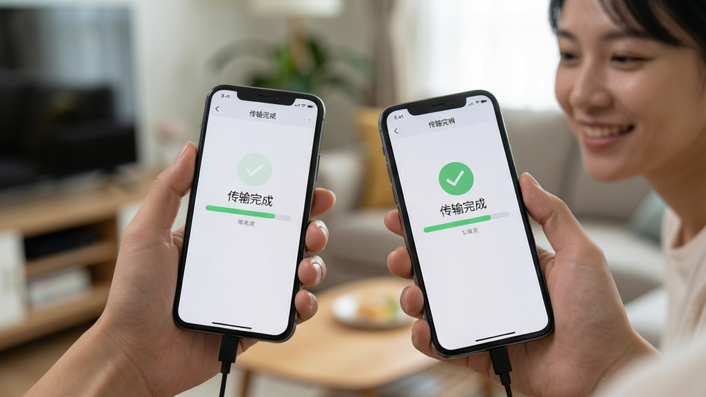 主体:手机克隆极速互传APP使用场景图,用户手持两部手机进行数据迁移。布局:前景为两部手机连接画面,背景为模糊的客厅环境。排版:人物手部动作自然,手机屏幕显示传输进度。风格:写实摄影风格,光线柔和,色彩自然。细节:手机屏幕上有“传输完成”字样,用户面露微笑。画质:高清画质,主体突出,背景虚化,无多余元素