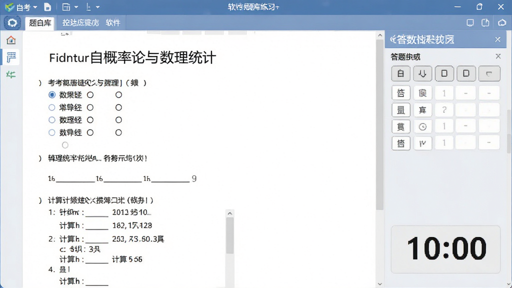 自考概率论与数理统计辅导软件的题库练习界面,屏幕上显示一套真题试卷,包含单选题、填空题和计算题,右侧有答题卡和倒计时,界面风格清爽,文字清晰,画质干净,无多余元素。