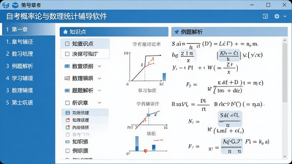 一张展示自考概率论与数理统计辅导软件主界面的图片,界面包含清晰的章节导航、知识点列表和例题解析区域,整体风格简洁明了,色彩以蓝白为主,搭配图表和公式,布局规整,画质干净,无多余元素,突出学习辅导工具的实用性。