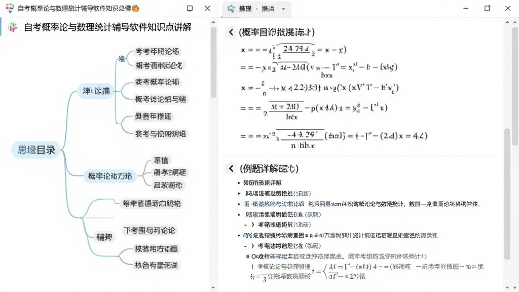 自考概率论与数理统计辅导软件的知识点讲解页面,左侧为思维导图目录,右侧为公式推导和例题详解,界面以白色为底,文字清晰,图表结合,风格简约,画质干净,无多余元素。
