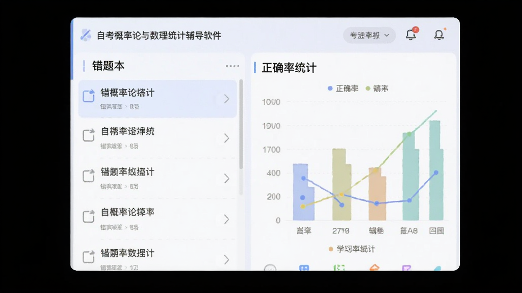 自考概率论与数理统计辅导软件的错题本和学习报告页面,左侧是错题列表,右侧是正确率统计图表,界面色彩柔和,数据可视化,风格简约,画质干净,无多余元素。