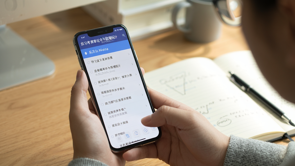 一张展示用户正在使用手机学习自考概率论与数理统计辅导软件的图片,手机屏幕显示知识点列表,背景为书桌和笔记本,光线明亮,风格真实,画质干净,无多余元素。