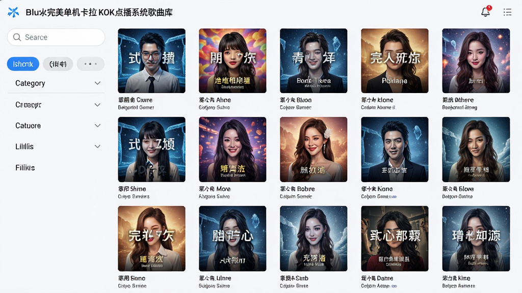 主体:蓝冰完美单机卡拉OK点播系统的歌曲库界面,显示多张高清歌曲封面缩略图。布局:以网格形式排列,左侧有搜索框和分类筛选标签。排版:整齐有序,封面大小统一。风格:简洁明亮,色彩丰富。细节:封面缩略图清晰,歌曲名称和歌手名字体清晰可见。画质:高清,干净,无多余元素。