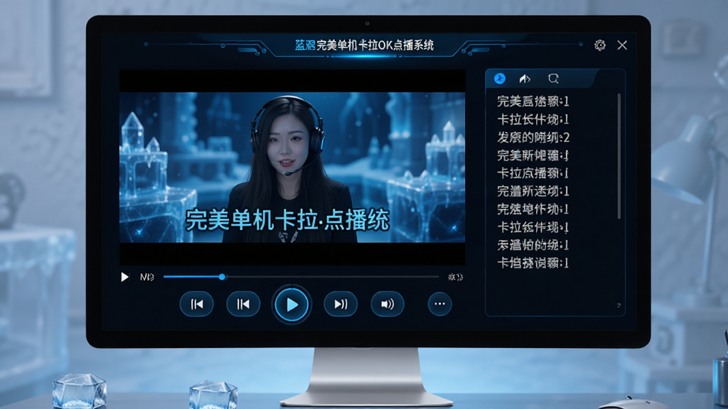 主体:蓝冰完美单机卡拉OK点播系统在电脑上运行的界面,显示歌曲播放页面和动态歌词。布局:中央为歌曲MV画面,下方为控制按钮,右侧为歌词显示区域。排版:简洁明了,功能分区清晰。风格:深色背景,蓝色高光点缀,科技感强。细节:歌词字体清晰,按钮图标精致,MV画面流畅。画质:高清,干净,无多余元素。