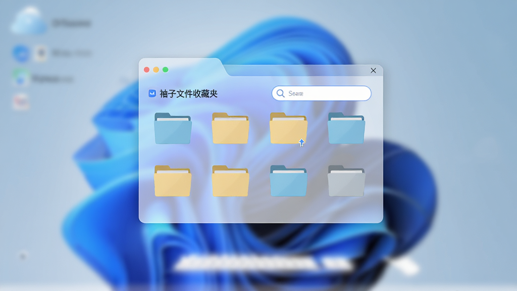 主体为简洁明亮的电脑桌面场景,中央悬浮一个半透明的“袖子文件收藏夹”操作面板,面板上排列着整齐的文件夹图标和搜索栏,背景是模糊的蓝色渐变,画面干净无杂物,文字标有“袖子文件收藏夹”,整体风格扁平化,画质清晰,细节精致,无多余元素