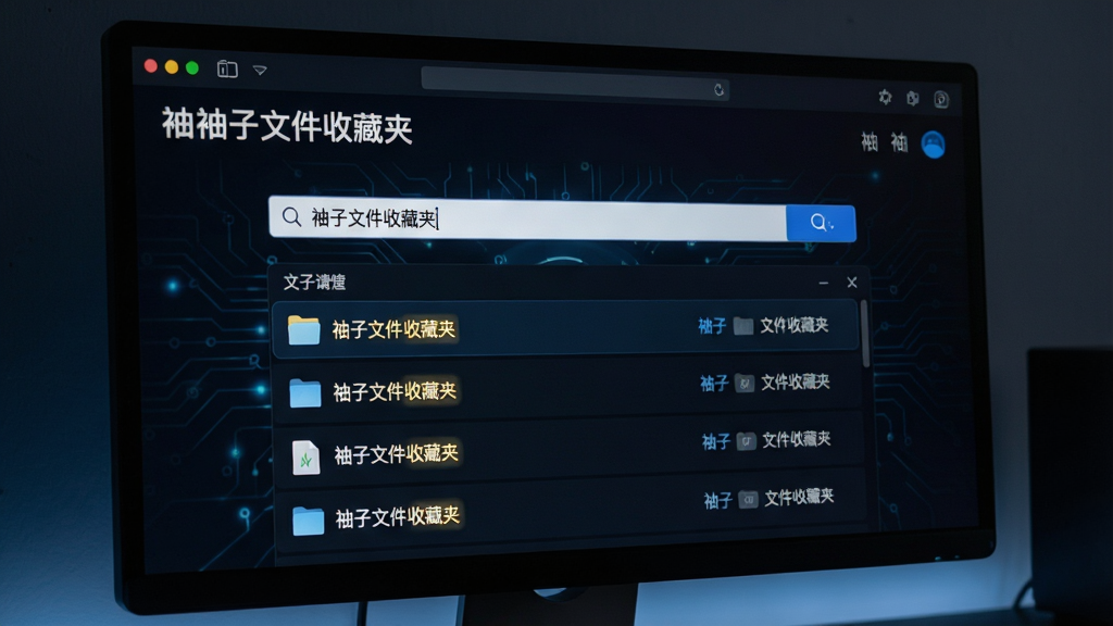 主体为电脑屏幕上的“袖子文件收藏夹”搜索界面,搜索框输入关键词后,下方以列表形式展示匹配的文件结果,高亮显示关键词,背景为深色科技感界面,文字标有“袖子文件收藏夹”,风格现代,画质清晰,细节丰富,无多余元素