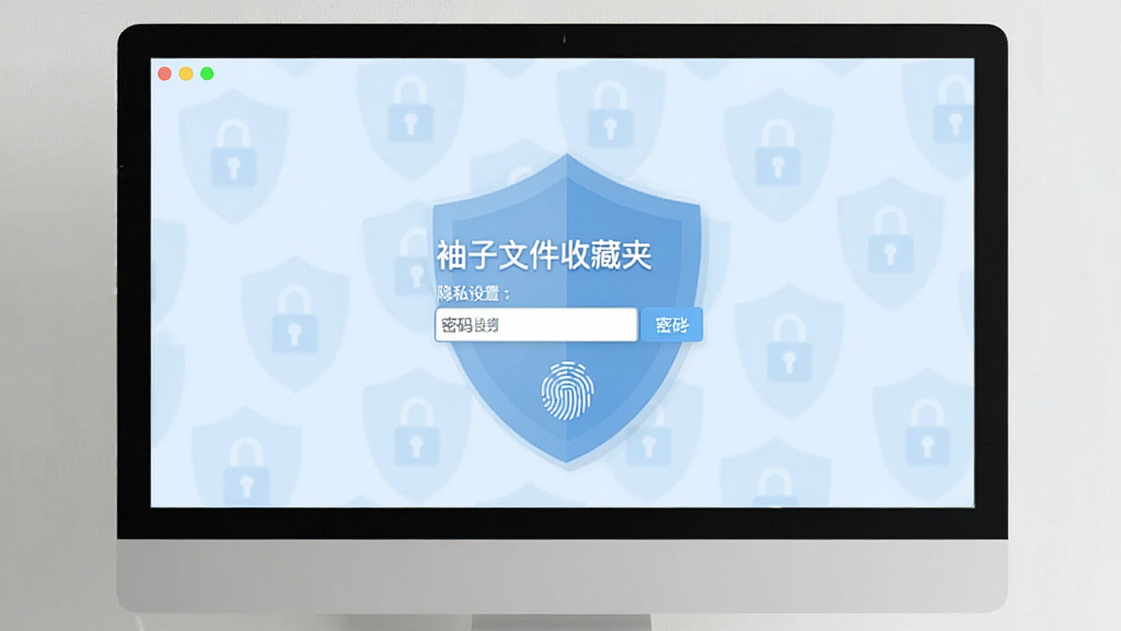 主体为电脑屏幕上的“袖子文件收藏夹”隐私设置界面,显示密码输入框和指纹图标,背景为淡蓝色安全盾牌图案,文字标有“袖子文件收藏夹”,风格简约安全,画质清晰,无多余元素