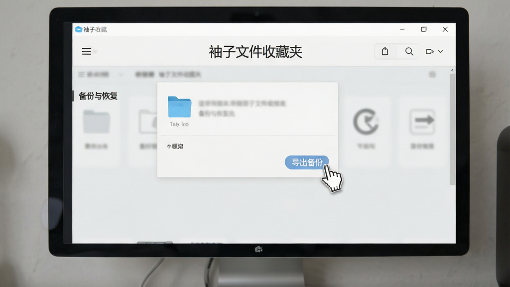 主体为电脑屏幕上的“袖子文件收藏夹”设置界面,显示“备份与恢复”选项,鼠标点击“导出备份”按钮,背景为浅灰色设置页面,文字标有“袖子文件收藏夹”,风格简洁,画质清晰,无多余元素