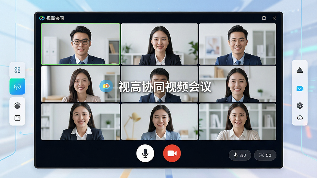 主体:视高协同视频会议软件界面,展示高清视频通话画面,画面中有多个参会者的清晰头像,底部有麦克风和摄像头图标。布局:居中大屏显示,周围有控制按钮。排版:简洁明了。风格:现代科技感。细节:画面细腻,色彩鲜艳,有“视高协同视频会议”水印。画质:超高清,干净,无多余元素。