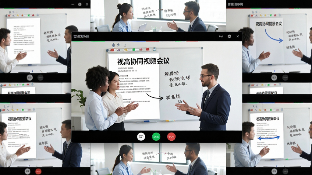 主体:多人正在使用视高协同视频会议进行远程协作,屏幕上显示共享的文档和白板,有箭头和文字标注。布局:多窗口排列,中心为共享内容。排版:层次分明。风格:商务协作风格。细节:白板上有“视高协同视频会议”字样,人物在讨论。画质:高清晰度,干净,无多余元素。