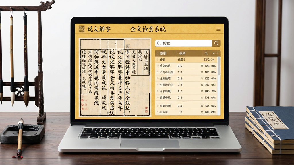 一张显示在深色木质书桌上的笔记本电脑屏幕,屏幕上是说文解字全文检索系统的界面,界面以暖黄色为主色调,左侧是古籍原文竖排显示,右侧是搜索栏和检索结果列表,整体风格古典雅致,配有毛笔、砚台和几本线装古籍作为装饰,画面明亮清晰,细节丰富,画质干净无多余元素