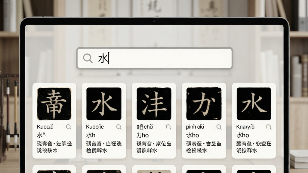 说文解字全文检索系统的搜索界面特写,屏幕中央有一个醒目的搜索框,输入了汉字“水”,下方以卡片形式展示检索结果,每张卡片上有古文字形、现代汉字、拼音和释义摘要,背景虚化的书房场景,现代简约与古典元素融合的设计风格,浅灰与米白配色,界面清晰,排版整齐,画质干净无多余元素